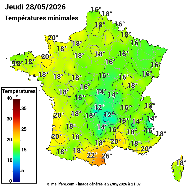 Prévision Températures mini 28/05