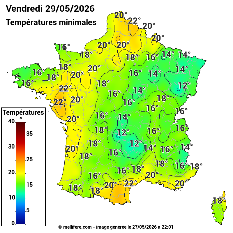 Prévision Températures mini 29/05
