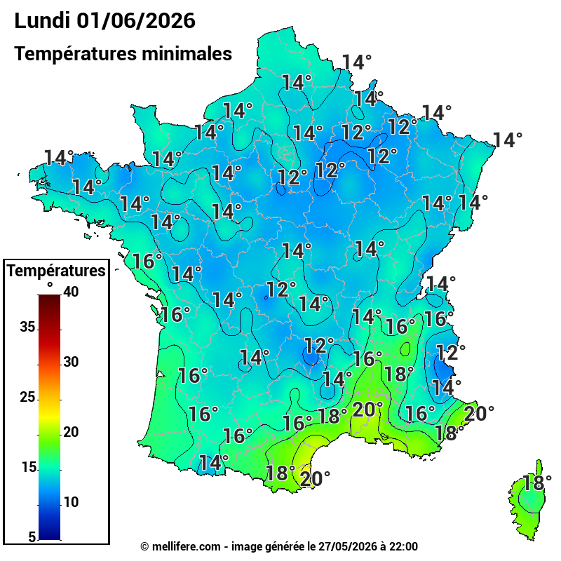 Prévision Températures mini 01/06