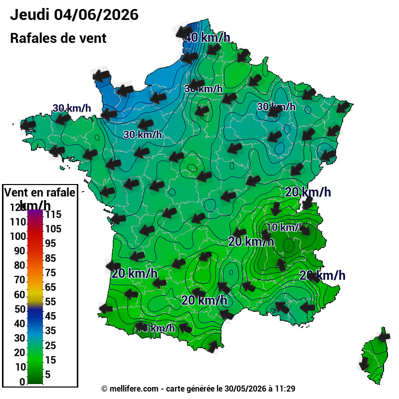 Prévision Vents et rafales 04/06