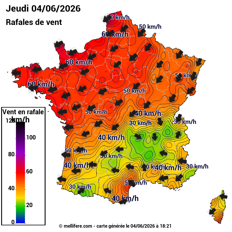 Prévision Vents et rafales 04/06