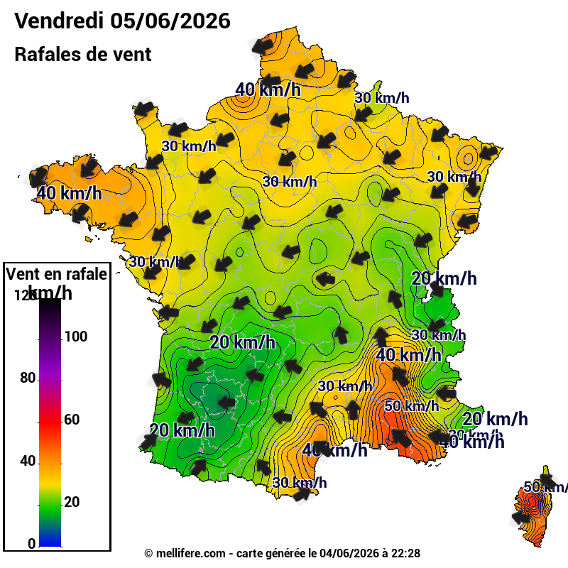 Prévision Vents et rafales 05/06