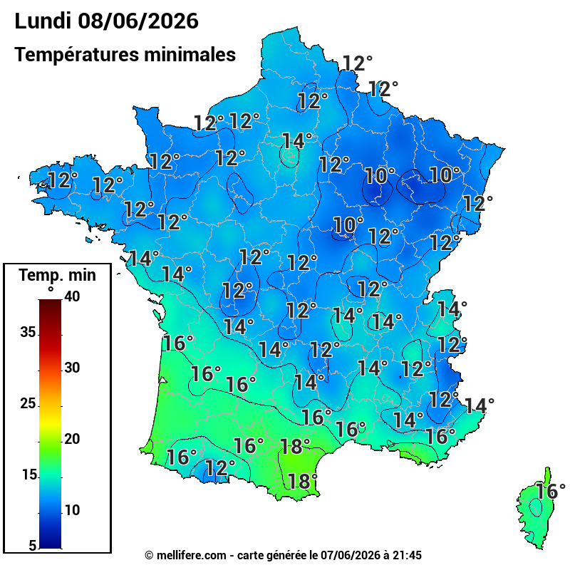Prévision Températures mini 08/06