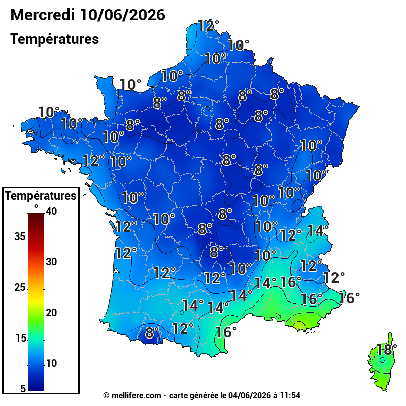 Prévision Températures mini 10/06