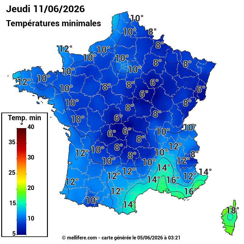 Prévision Températures mini 11/06