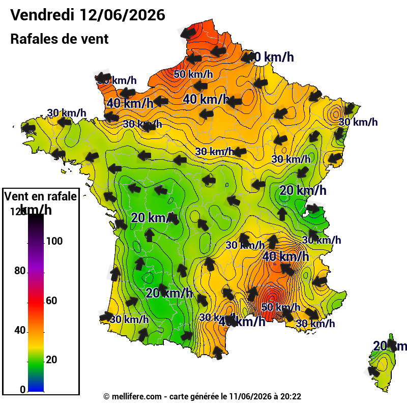 Prévision Vents et rafales 12/06