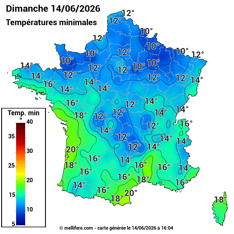 Prévision Températures mini 14/06