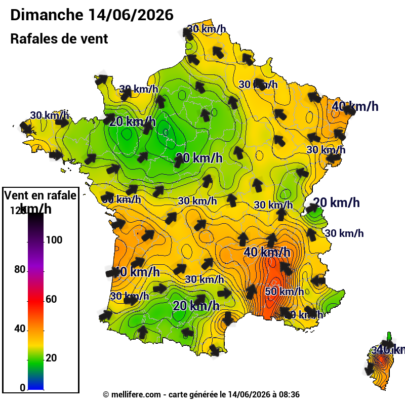 Prévision Vents et rafales 14/06