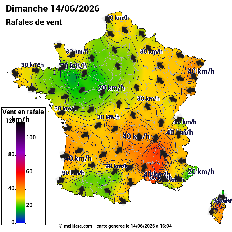 Prévision Vents et rafales 14/06