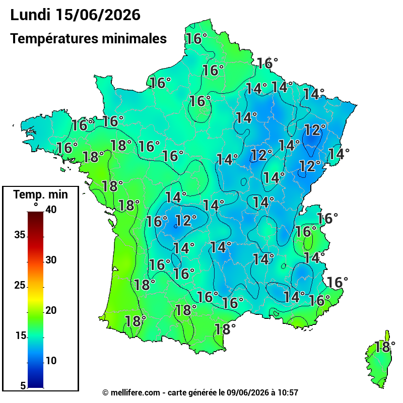 Prévision Températures mini 15/06