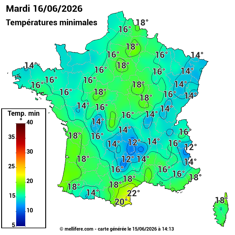 Prévision Températures mini 16/06