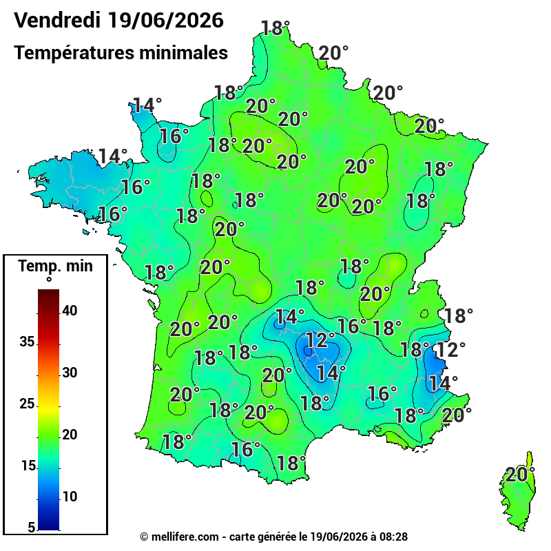 Prévision Températures mini 19/06