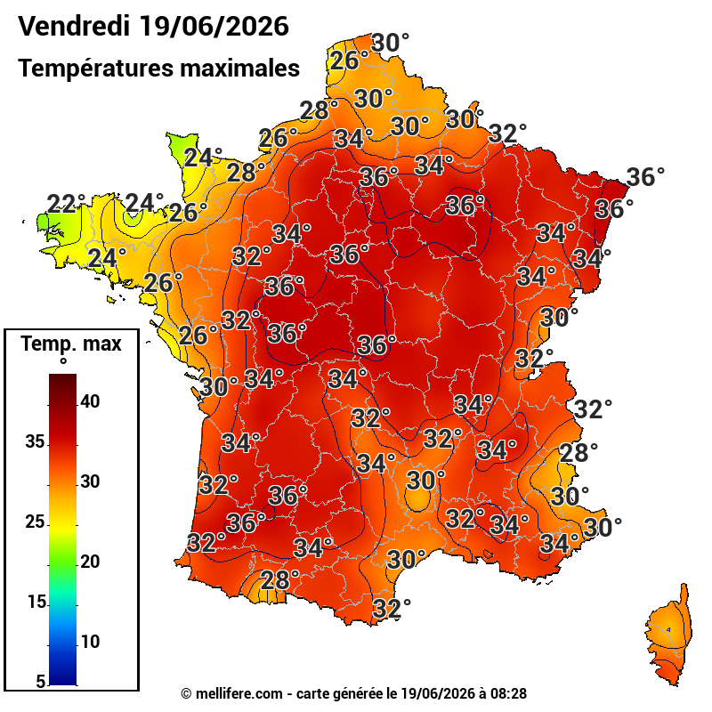 Prévision Températures maxi19/06