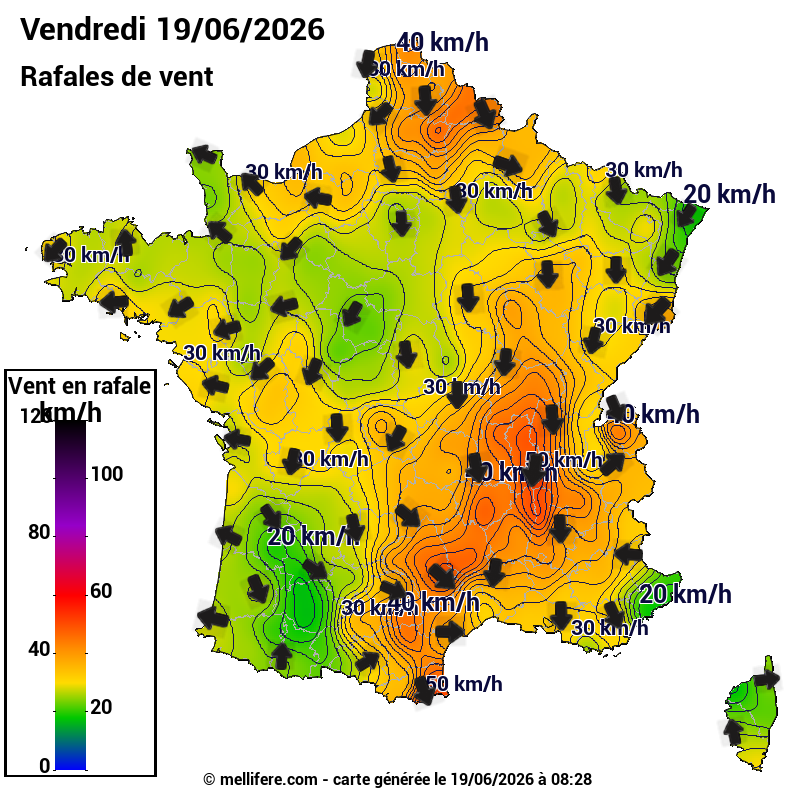 Prévision Vents et rafales 19/06
