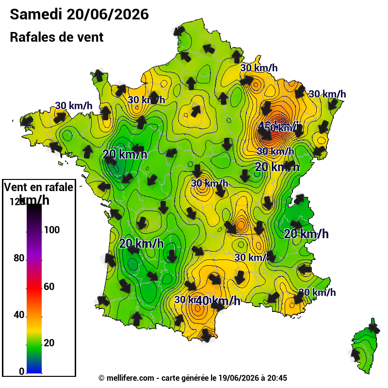 Prévision Vents et rafales 20/06