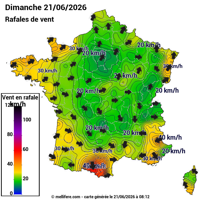 Prévision Vents et rafales 21/06