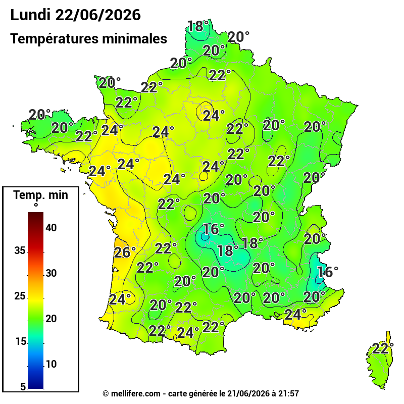 Prévision Températures mini 22/06