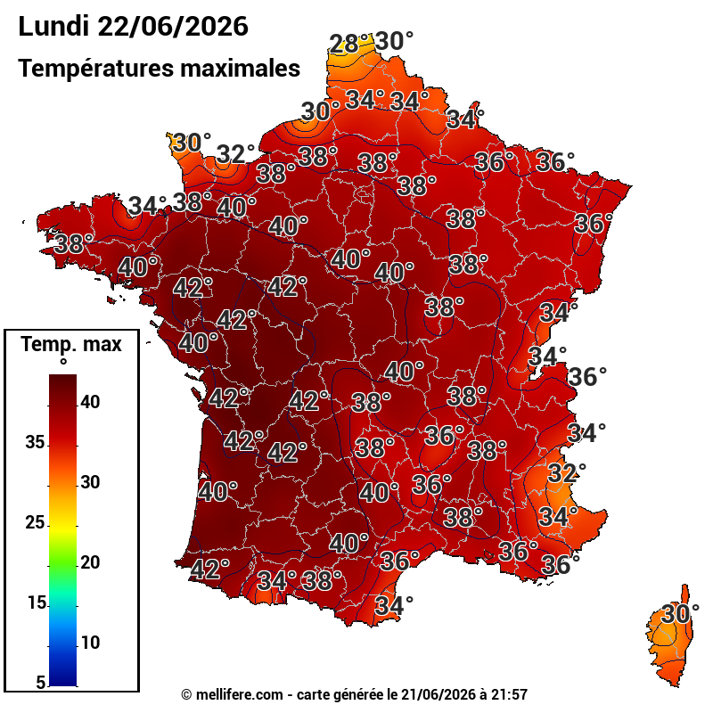 Prévision Températures maxi22/06