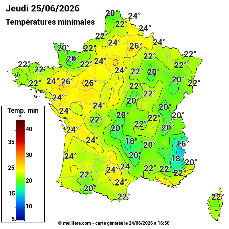Prévision Températures mini 25/06