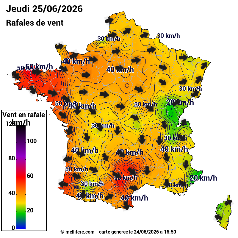 Prévision Vents et rafales 25/06