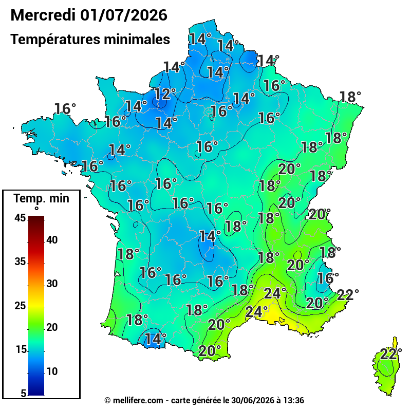 Prévision Températures mini 01/07