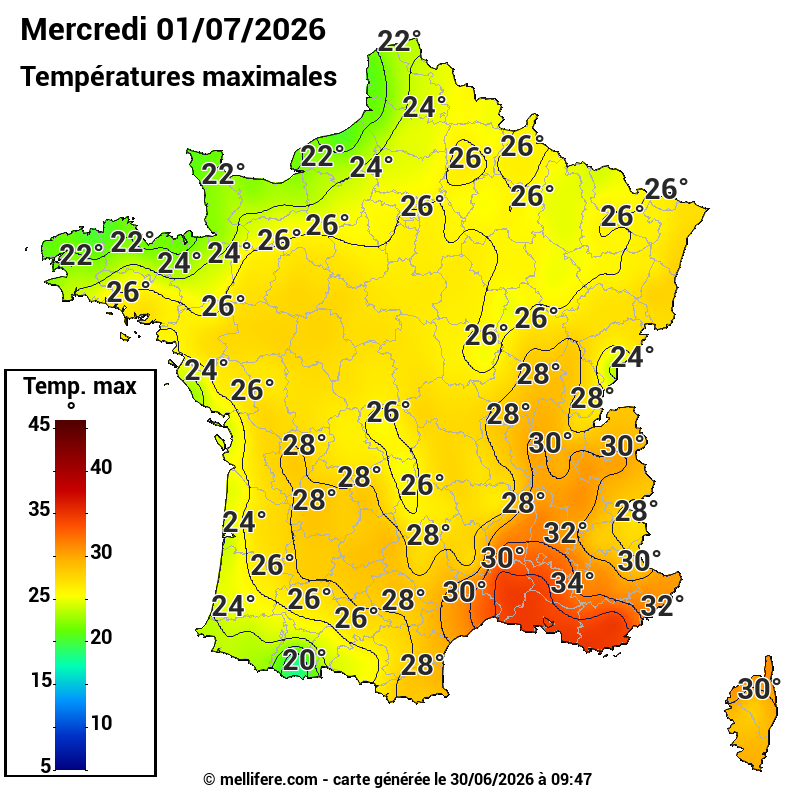 Prévision Températures maxi01/07