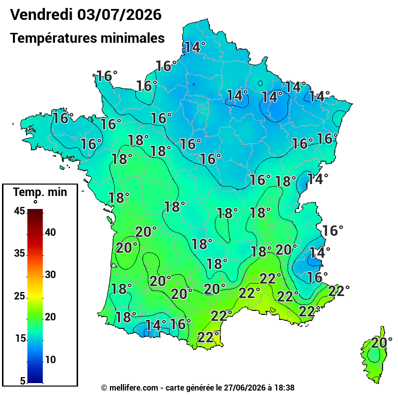 Prévision Températures mini 03/07