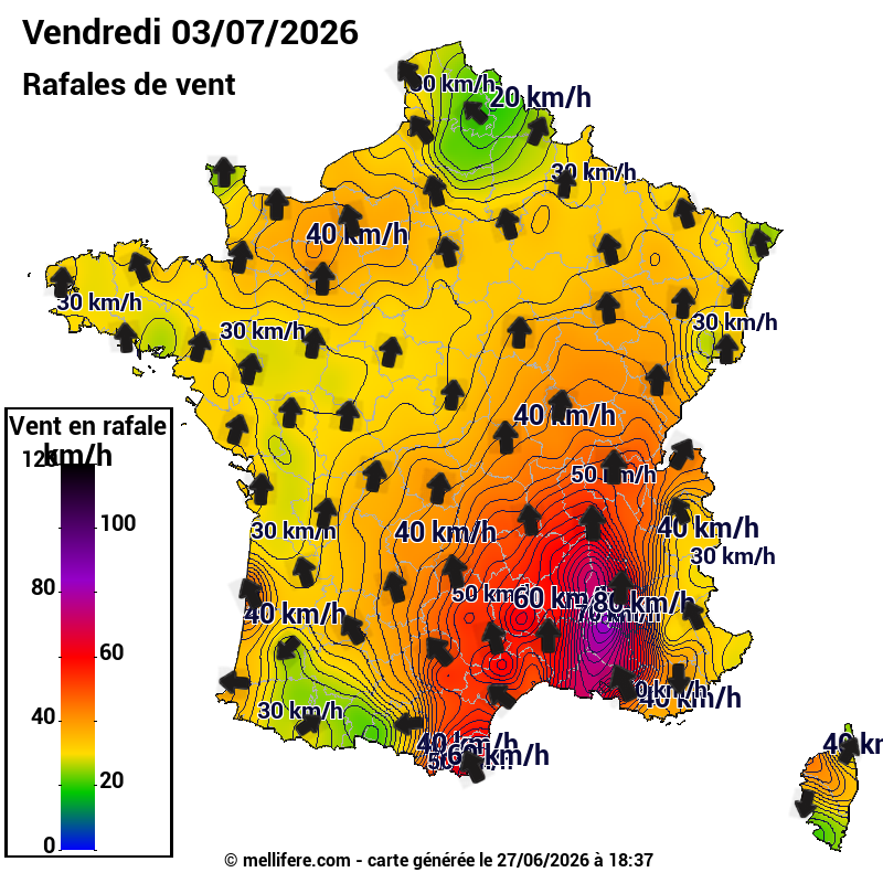 Prévision Vents et rafales 03/07