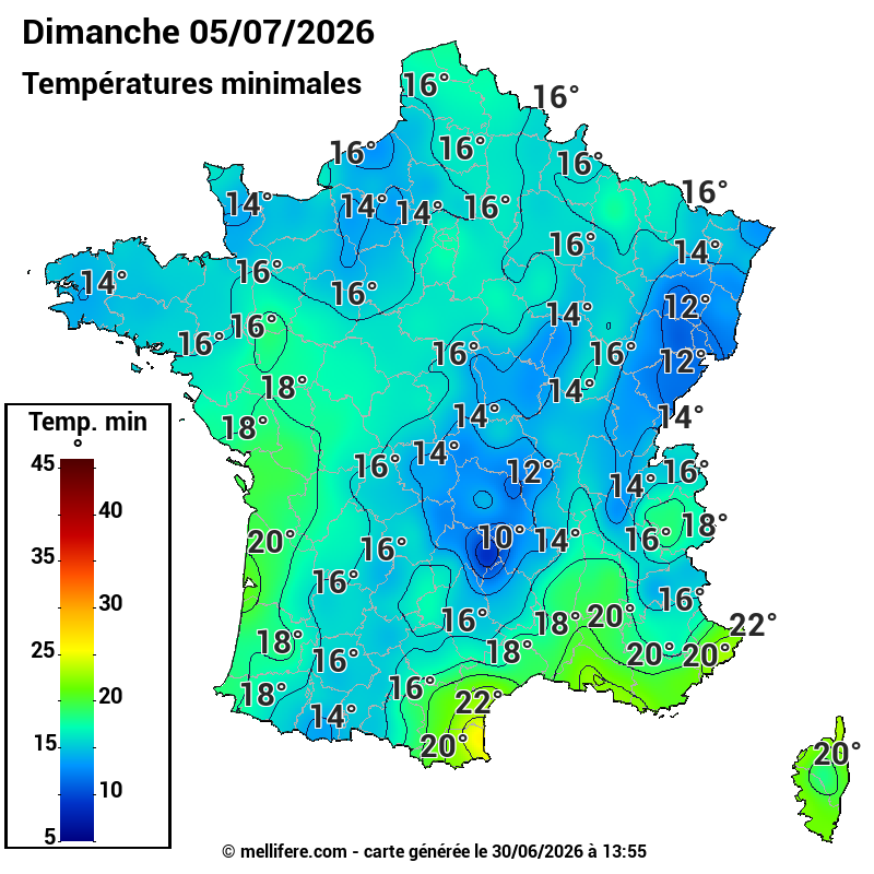 Prévision Températures mini 05/07