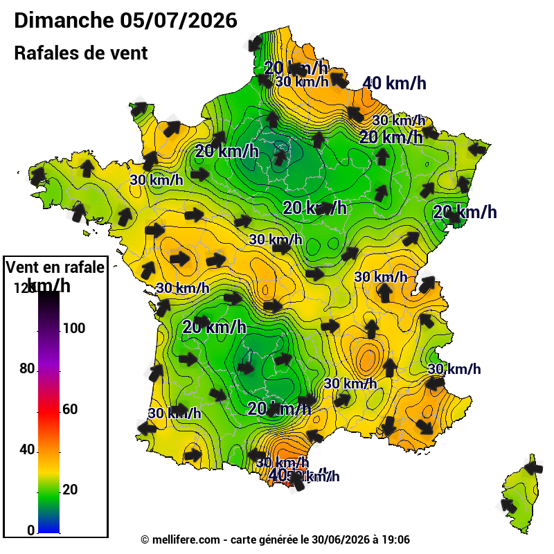 Prévision Vents et rafales 05/07