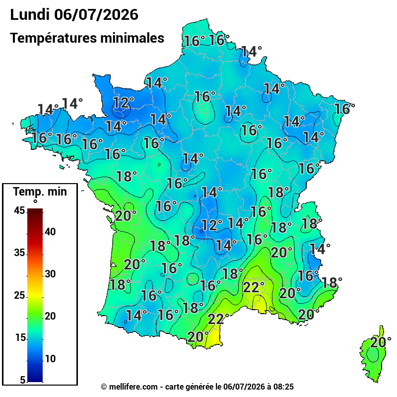 Prévision Températures mini 06/07