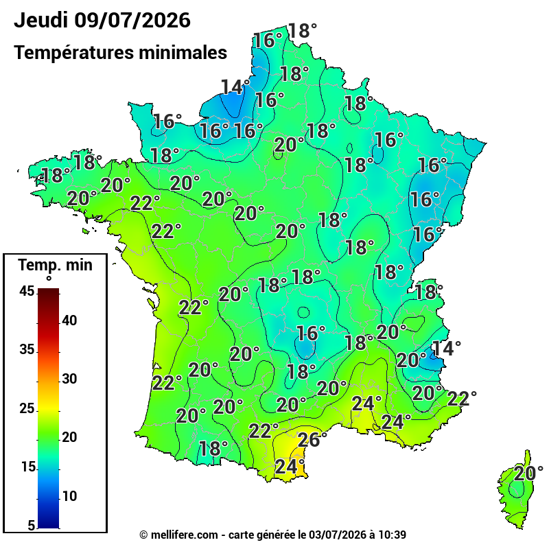 Prévision Températures mini 09/07