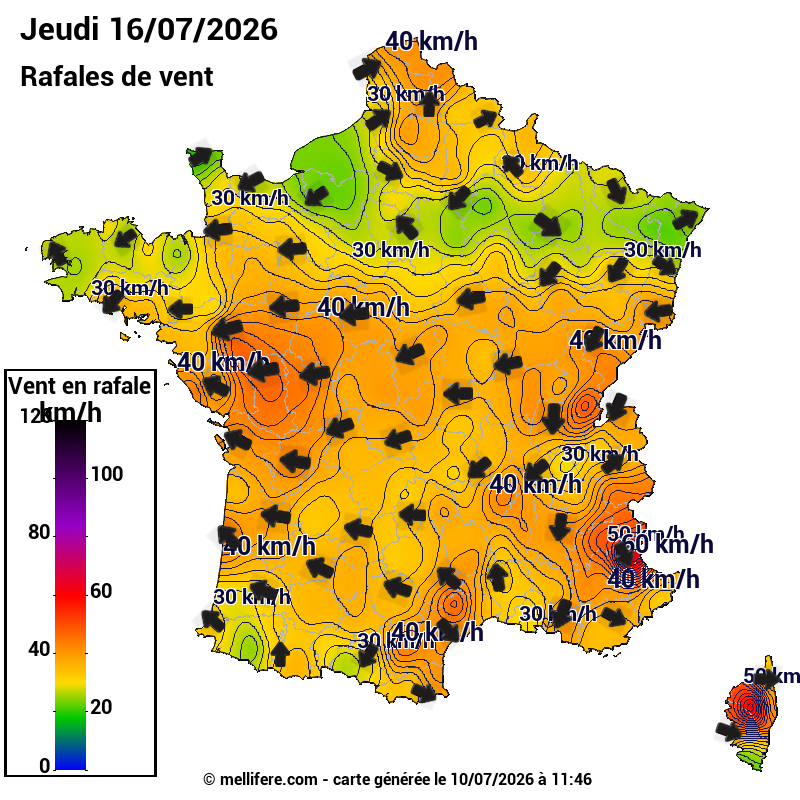 Prévision Vents et rafales 16/07