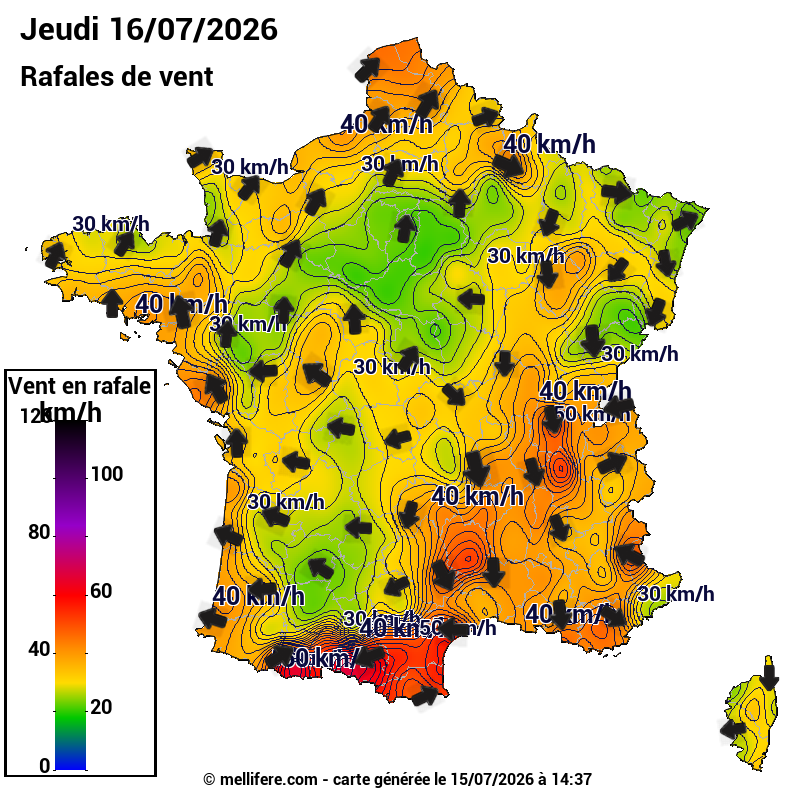 Prévision Vents et rafales 16/07