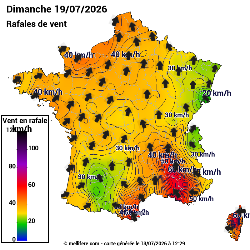 Prévision Vents et rafales 19/07