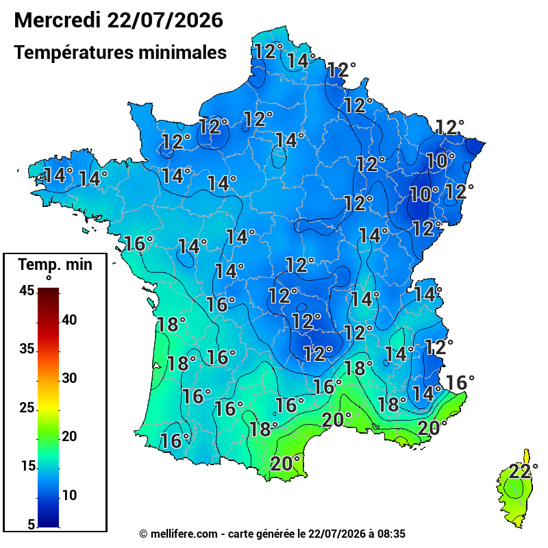 Prévision Températures mini 22/07