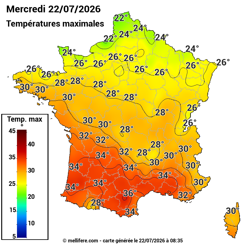 Prévision Températures maxi22/07