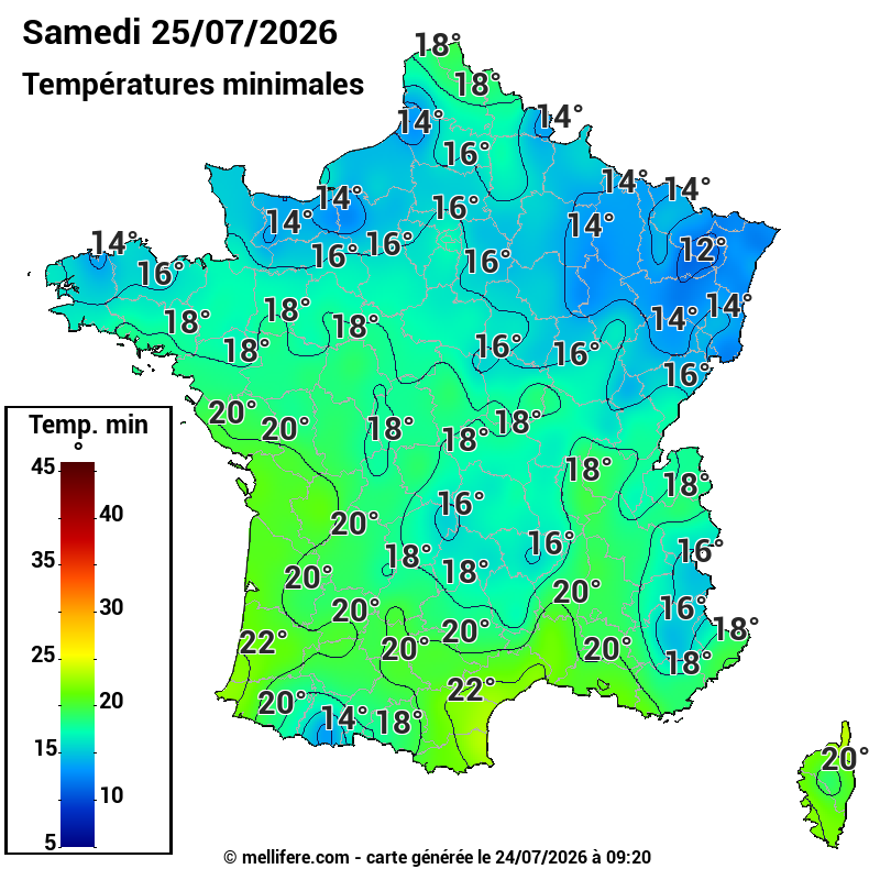 Prévision Températures mini 25/07