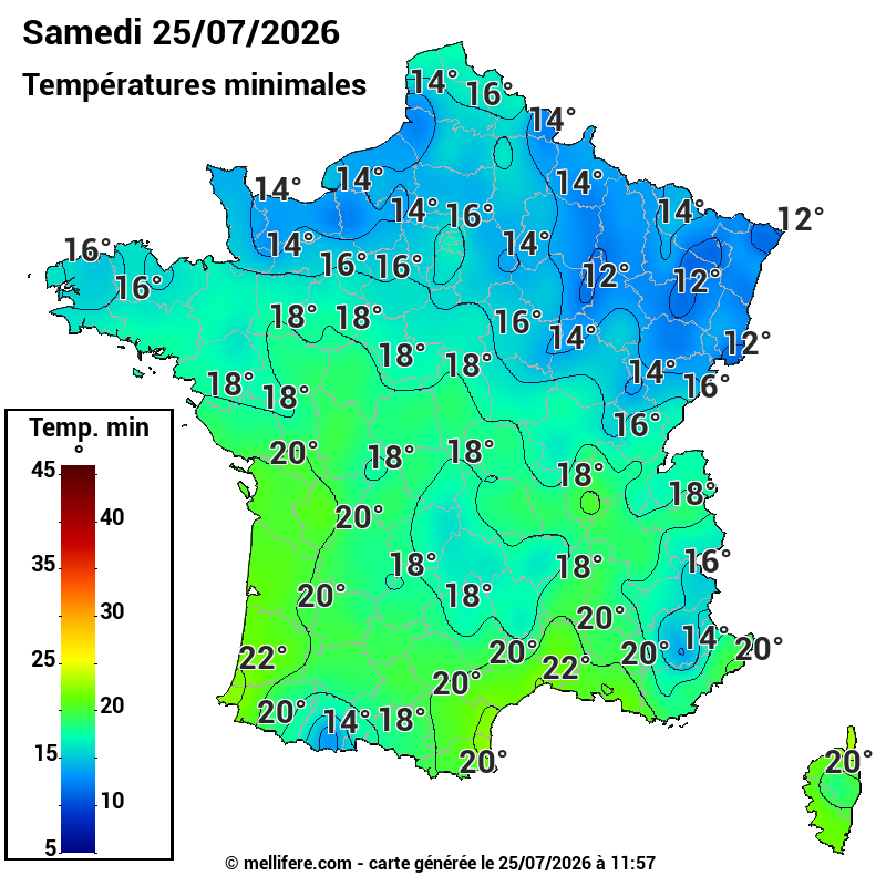 Prévision Températures mini 25/07