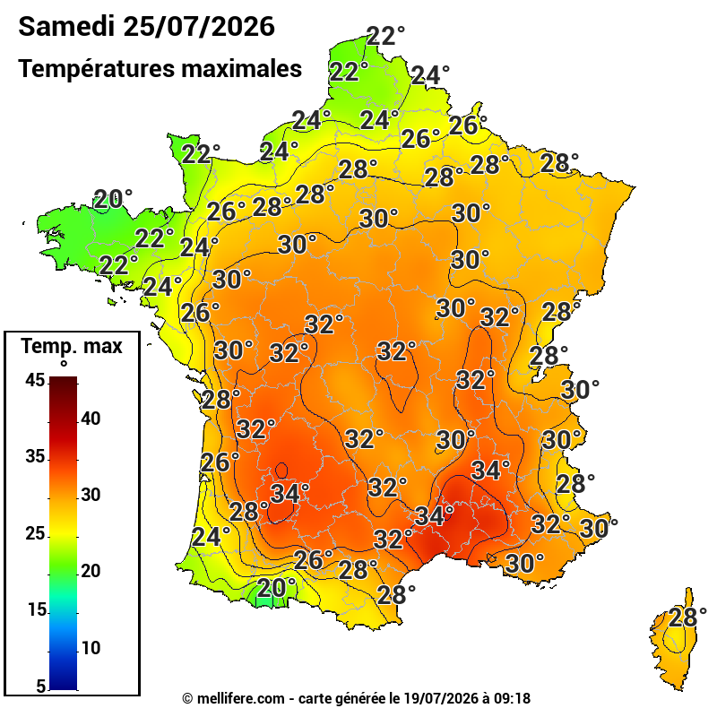 Prévision Températures maxi25/07
