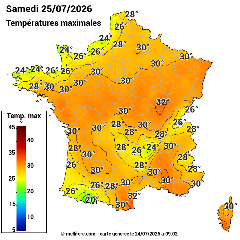Prévision Températures maxi25/07