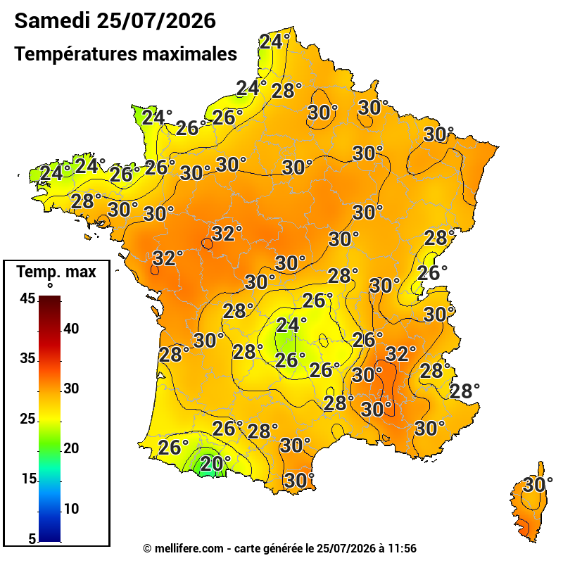 Prévision Températures maxi25/07