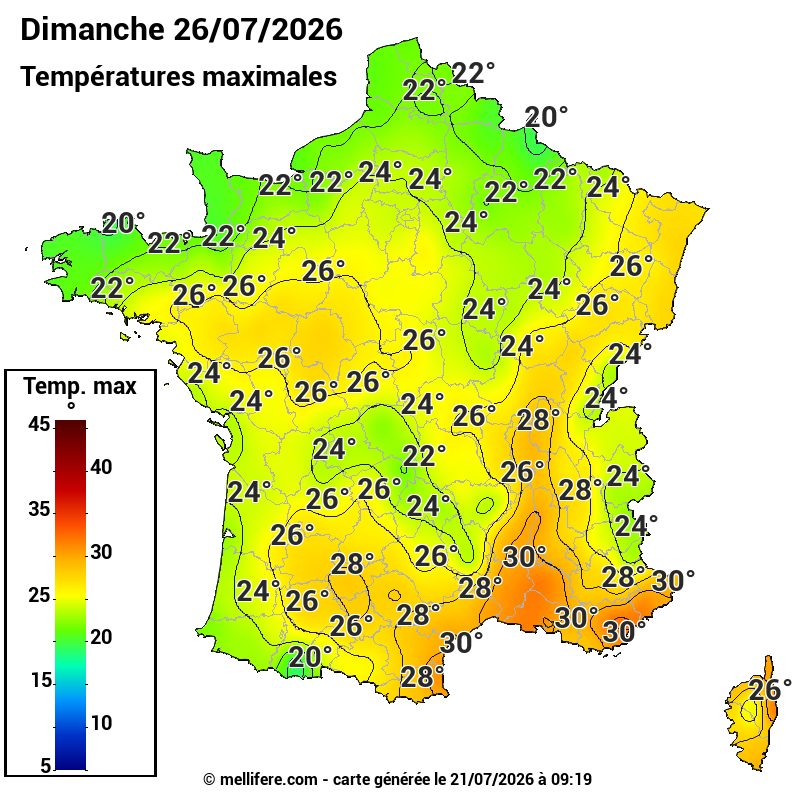 Prévision Températures maxi26/07