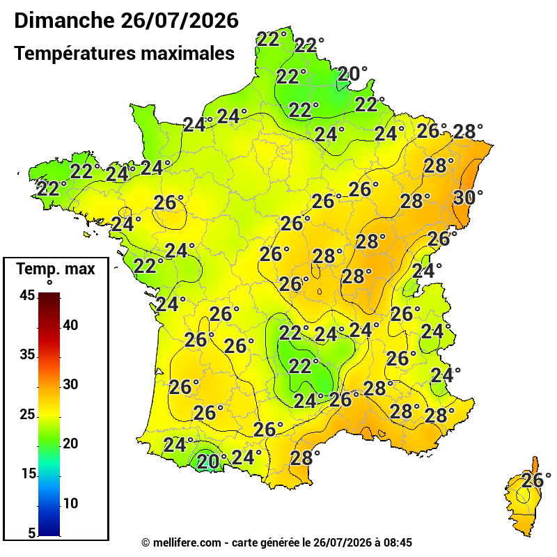 Prévision Températures maxi26/07