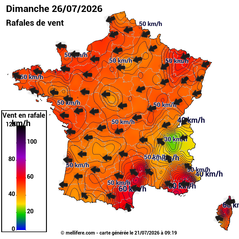 Prévision Vents et rafales 26/07