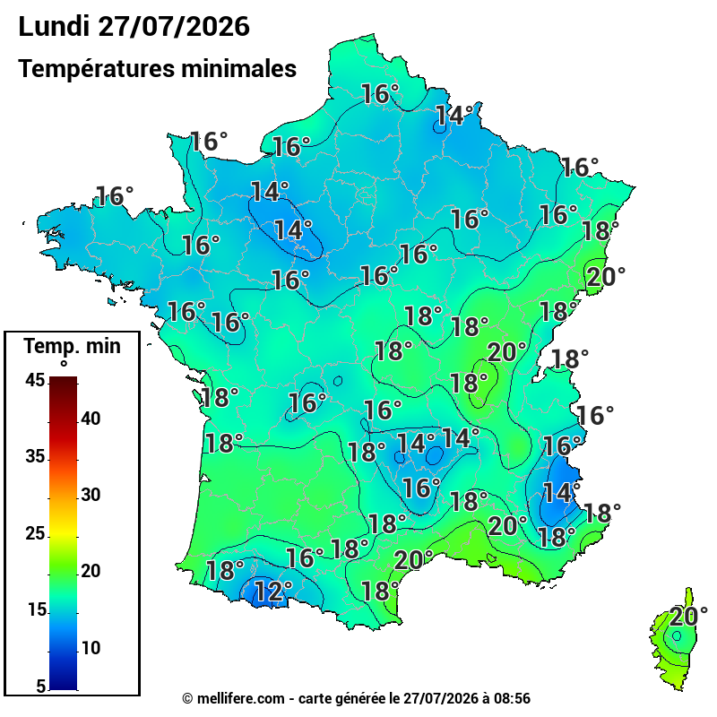 Prévision Températures mini 27/07