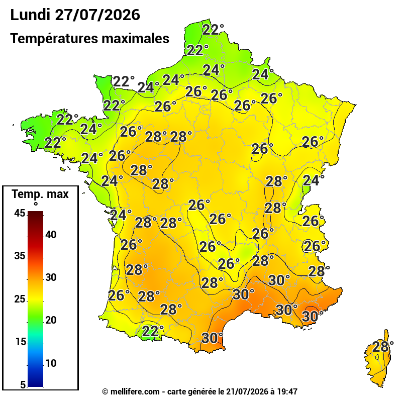 Prévision Températures maxi27/07