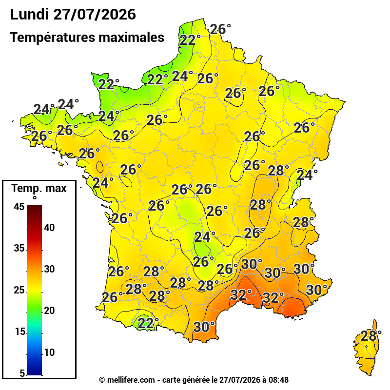 Prévision Températures maxi27/07
