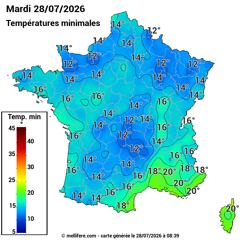Prévision Températures mini 28/07