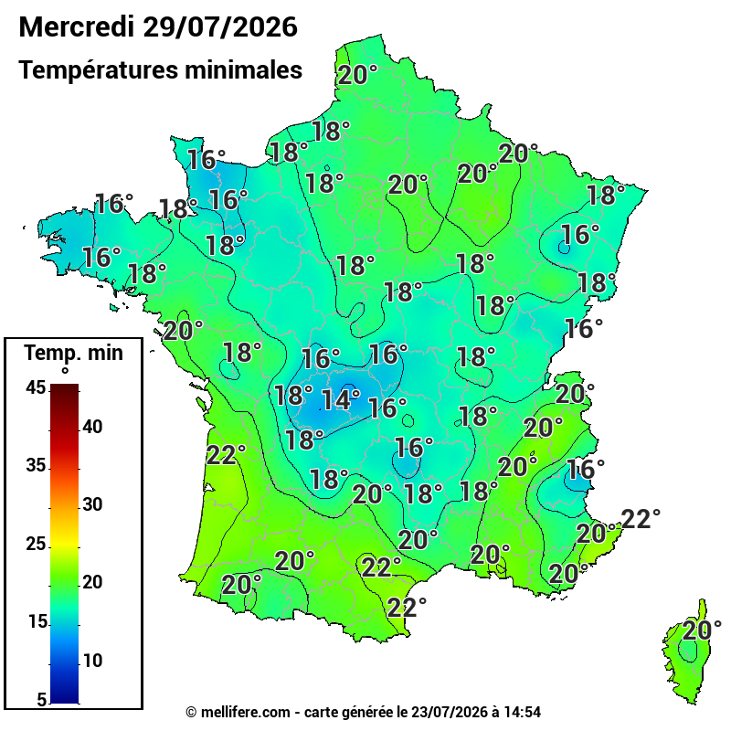 Prévision Températures mini 29/07